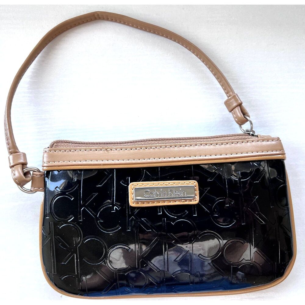 Vintage 90's y2k Calvin Klein Monogram Mini wristlet in Black Tan Shiny Vinyl